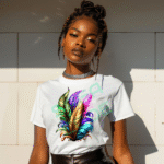 Vibrant Feather Design Graphic Tee Stylish Print T-Shirt
