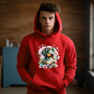 Dog Artwork with Flowers on Black Background Graphic Hoodie