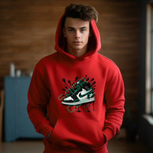 Jordan 1 Style Drip Hoodie, Iconic Black White Sneaker Art, Urban Streetwear Apparel, Abstract Ink Splash Design, Trendy Shoe Graphic Hoodie