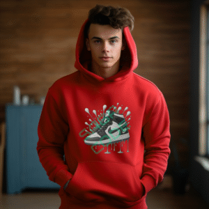 Dripping Sneaker Art Hoodie, Urban Streetwear Sweatshirt, Black White Athletic Shoe Design, Cool Kicks Apparel, Modern Graffiti Style Top