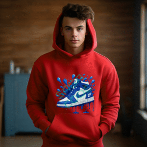 Nike Air Jordan 1 Hoodie, Blue Paint Drip Sneaker Art, Iconic Urban Streetwear, Artistic Design Apparel