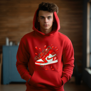 Jordan 1 Art Hoodie, Iconic Sneaker Design, Red White Paint Splash, Urban Streetwear Apparel, Dynamic Shoe Graphic Hoodie
