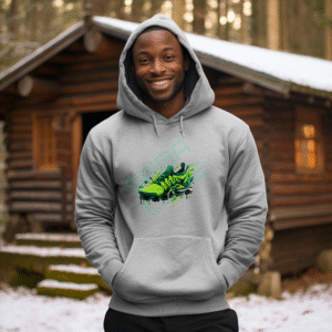 Vibrant Green Paint Splash Sneaker Hoodie, Dynamic Dripping Athletic Shoe Art, Modern Streetwear Design, Unique Footwear Graphic Apparel