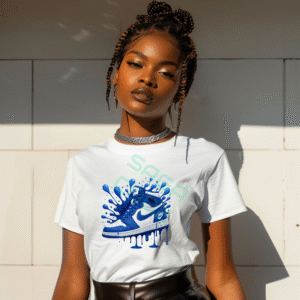 Unique Blue Splash Design on White T-Shirt