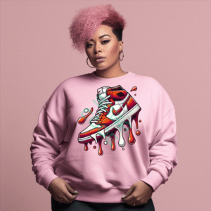 Drippy Sneaker Sweatshirt, Melting Shoe Graphic Sweatshirt, Urban Streetwear Hypebeast Kicks, Red White Jordan Style High Top Design, Unique