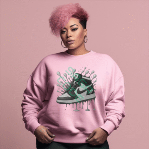 Iconic Sneaker Drip Art Sweatshirt, Monochrome High-Top Shoe Design, Streetwear Artistic Splash, Trendy Urban Graphic Top, Unique Fashion