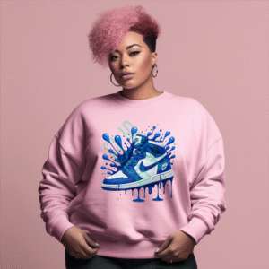 Blue White Jordan 1 Sneaker Sweatshirt, Artistic Paint Drip Splash, Urban Streetwear Kicks, Trendy Unique Shoe Design Top