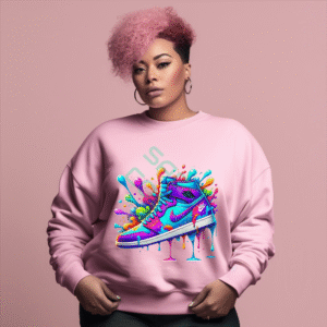 Vibrant Air Jordan Style Sneaker Sweatshirt, Paint Drip Streetwear Top, Colorful Graffiti Shoe Design, Trendy Urban Art Apparel