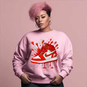 Red Drip Sneaker Sweatshirt, Air Jordan 1 Art Graphic, Urban Streetwear Kicks Top, Unique Paint Splash Shoe Design, Trendy Aesthetic Apparel