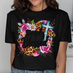 Simply Blessed Floral Cross Leopard Print T-Shirt
