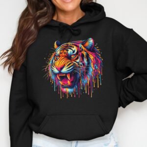 Vibrant Paint Drip Tiger Head Graphic Hoodie